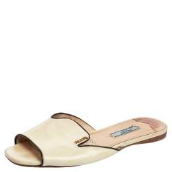 Pre Owned Prada Cream Vernice Saffiano Leather Flat Slides Size 37