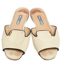 Pre Owned Prada Cream Vernice Saffiano Leather Flat Slides Size 37