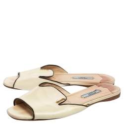 Pre Owned Prada Cream Vernice Saffiano Leather Flat Slides Size 37