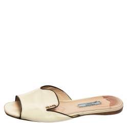 Pre Owned Prada Cream Vernice Saffiano Leather Flat Slides Size 37