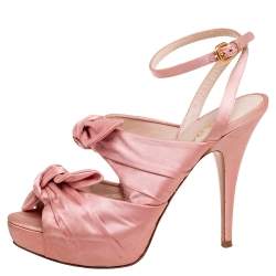 Pre Owned Prada Pink Satin Bow Detail Platform Ankle Strap Sandals Size 39
