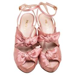 Pre Owned Prada Pink Satin Bow Detail Platform Ankle Strap Sandals Size 39