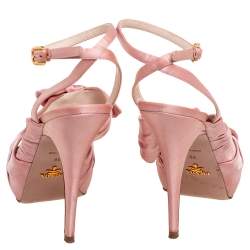 Pre Owned Prada Pink Satin Bow Detail Platform Ankle Strap Sandals Size 39