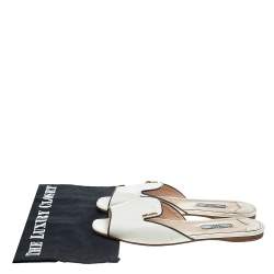 Pre Owned Prada Cream/Black Patent Leather Logo Embellished Flat Slides Size 37.5