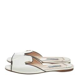 Pre Owned Prada Cream/Black Patent Leather Logo Embellished Flat Slides Size 37.5