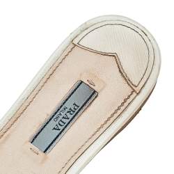 Pre Owned Prada Cream/Black Patent Leather Logo Embellished Flat Slides Size 37.5