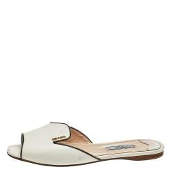 Pre Owned Prada Cream/Black Patent Leather Logo Embellished Flat Slides Size 37.5