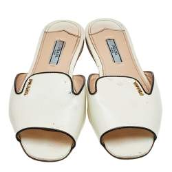 Pre Owned Prada Cream/Black Patent Leather Logo Embellished Flat Slides Size 37.5