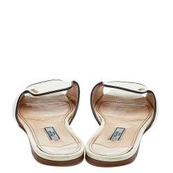 Pre Owned Prada Cream/Black Patent Leather Logo Embellished Flat Slides Size 37.5