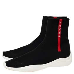 Pre Owned Prada Black Knit Fabric High Top Slip On Sneakers Size 40.5 