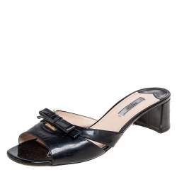 Prada Black Patent Leather Bow Slide Sandals Size 40