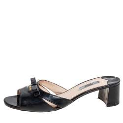 Prada Black Patent Leather Bow Slide Sandals Size 40