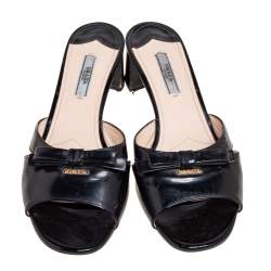 Prada Black Patent Leather Bow Slide Sandals Size 40