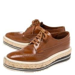 Pre Owned Prada Brown Brogue Leather Espadrille Derby Sneakers Size 37