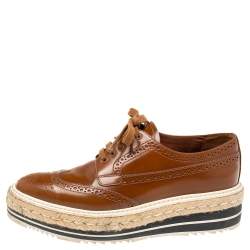 Pre Owned Prada Brown Brogue Leather Espadrille Derby Sneakers Size 37