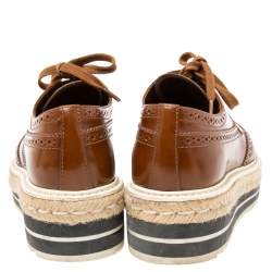 Pre Owned Prada Brown Brogue Leather Espadrille Derby Sneakers Size 37