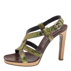 Prada Green Crocodile Slingback Platform Sandals Size 37.5