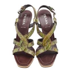 Prada Green Crocodile Slingback Platform Sandals Size 37.5