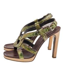 Prada Green Crocodile Slingback Platform Sandals Size 37.5