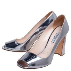 Pre Owned Prada Silver Patent Leather Peep Toe Pumps Size 39.5