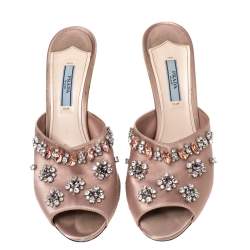 Pre Owned Prada Dusty Pink Satin Crystal Embellished Slide Sandals Size 38.5