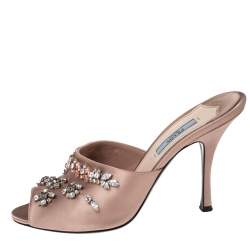 Pre Owned Prada Dusty Pink Satin Crystal Embellished Slide Sandals Size 38.5