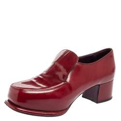 Pre Owned Prada Red Patent Leather Block Heel Loafer Pumps Size 37