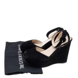 Prada Black Suede Wedge Platform Ankle Strap Sandals Size 37