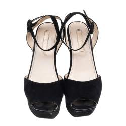 Prada Black Suede Wedge Platform Ankle Strap Sandals Size 37