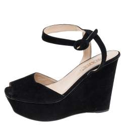 Prada Black Suede Wedge Platform Ankle Strap Sandals Size 37