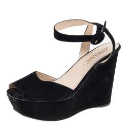 Prada Black Suede Wedge Platform Ankle Strap Sandals Size 37