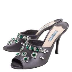 Pre Owned Prada Grey Satin Crystal Embellished Slide Sandals Size 38.5