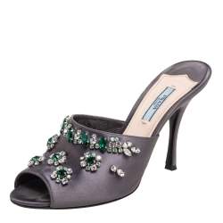 Pre Owned Prada Grey Satin Crystal Embellished Slide Sandals Size 38.5