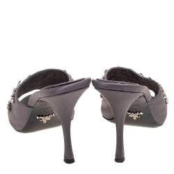 Pre Owned Prada Grey Satin Crystal Embellished Slide Sandals Size 38.5