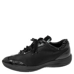 Pre Owned Prada Black Nylon And Patent Leather Low Top Sneakers Size 39