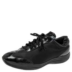 Pre Owned Prada Black Nylon And Patent Leather Low Top Sneakers Size 39