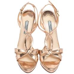 Pre Owned Prada Rose Gold Leather Strappy Platform Sandals Size 37.5