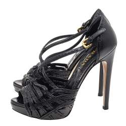 Pre Owned Prada Black Leather Bow Ankle Strap Sandals Size 36