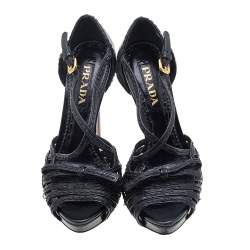 Pre Owned Prada Black Leather Bow Ankle Strap Sandals Size 36