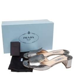 Pre Owned Prada Metallic Grey Snakeskin Embossed Leather Slide Sandals Size 40.5