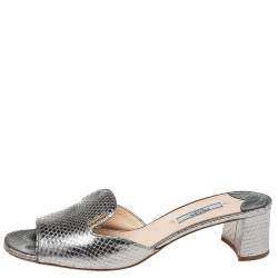 Pre Owned Prada Metallic Grey Snakeskin Embossed Leather Slide Sandals Size 40.5