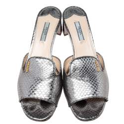 Pre Owned Prada Metallic Grey Snakeskin Embossed Leather Slide Sandals Size 40.5