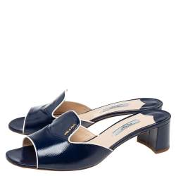 Pre Owned Prada Navy Blue Saffiano Vernice Leather Slide Sandals Size 40
