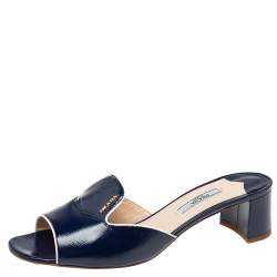 Pre Owned Prada Navy Blue Saffiano Vernice Leather Slide Sandals Size 40