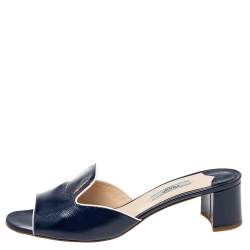 Pre Owned Prada Navy Blue Saffiano Vernice Leather Slide Sandals Size 40