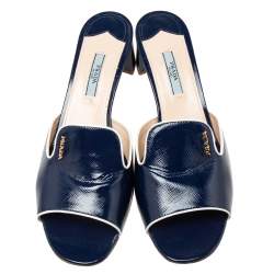 Pre Owned Prada Navy Blue Saffiano Vernice Leather Slide Sandals Size 40