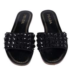 Pre Owned Prada Black Suede Embellished Flat Slides Size 37