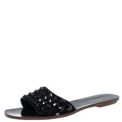 Pre Owned Prada Black Suede Embellished Flat Slides Size 37