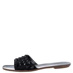 Pre Owned Prada Black Suede Embellished Flat Slides Size 37