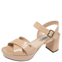 Pre Owned Prada Beige Patent Leather Criss Cross Platform Ankle Strap Sandals Size 38.5